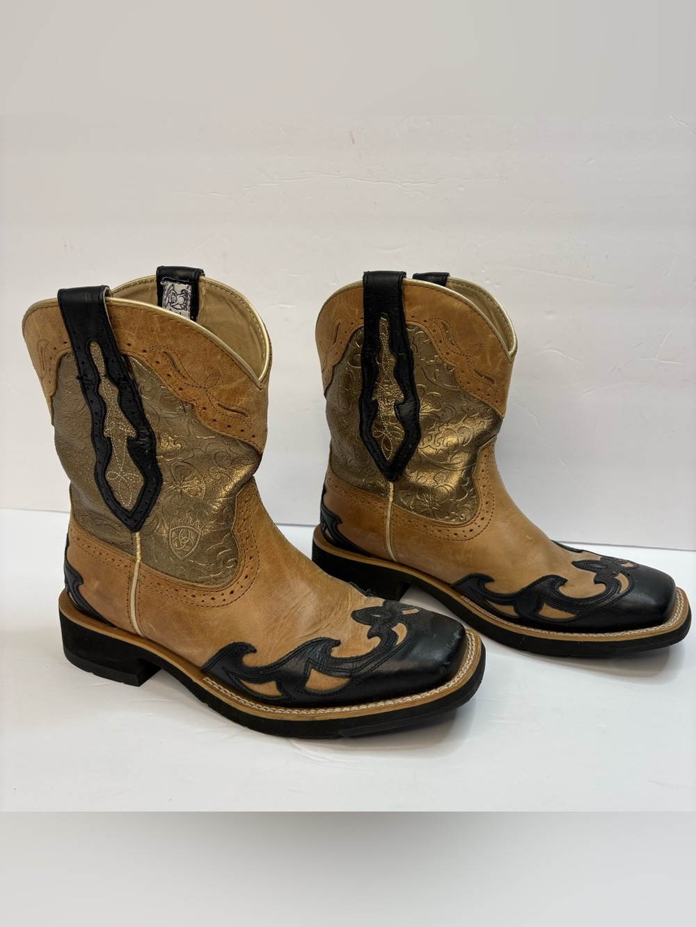 Ariat Fatbaby Western Boots 7B Brown Gold Tooled Leather Black Cowgirl